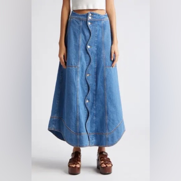 FARM Rio Wave Denim Maxi Skirt Size 30 NEW - Picture 1 of 15